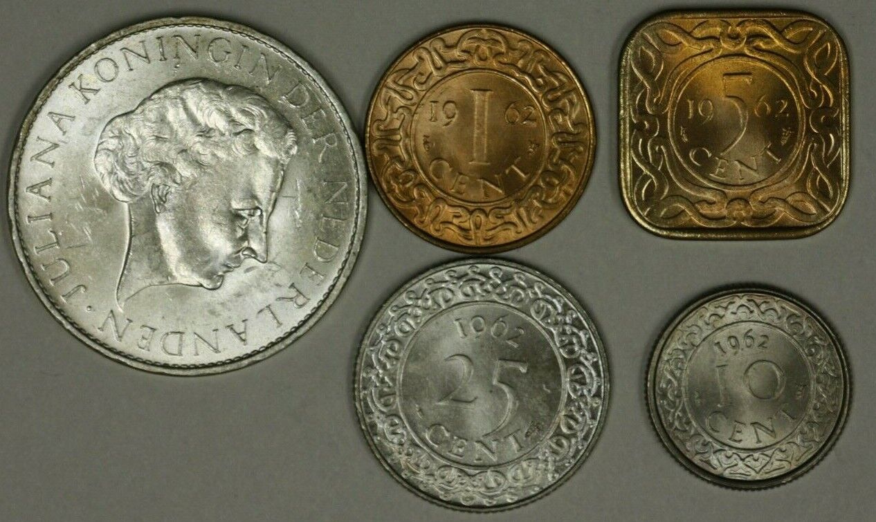 Suriname 5 Coins Set - 1 Silver - 1962 Republic First Coins  Choice UNC   A2173