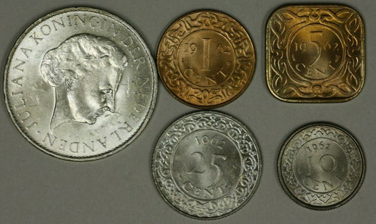 Suriname 5 Coins Set - 1 Silver - 1962 Republic First Coins  Choice UNC   A2173