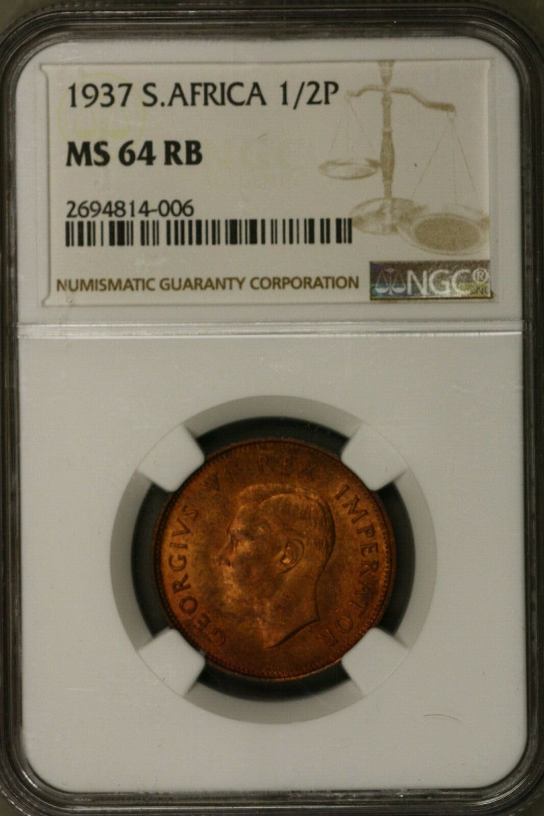 South Africa 1/2 Penny 1937  NGC MS64 RB  only 2 coins graded higher   S133