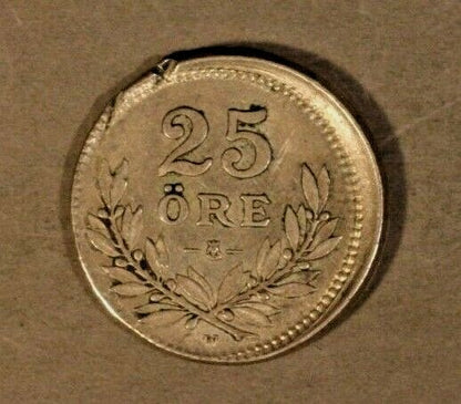 Error 1914 Sweden 25 Ore Silver High Grade Off Center Cupped 