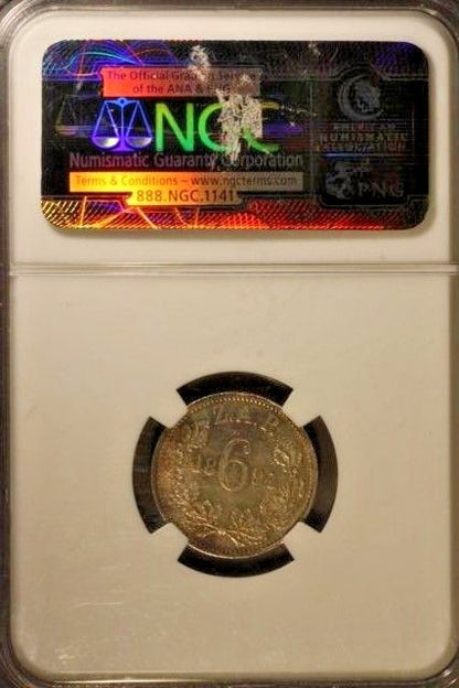 1894 South Africa 6 Pence NGC AU Details Hairlines XF Cat=$400 