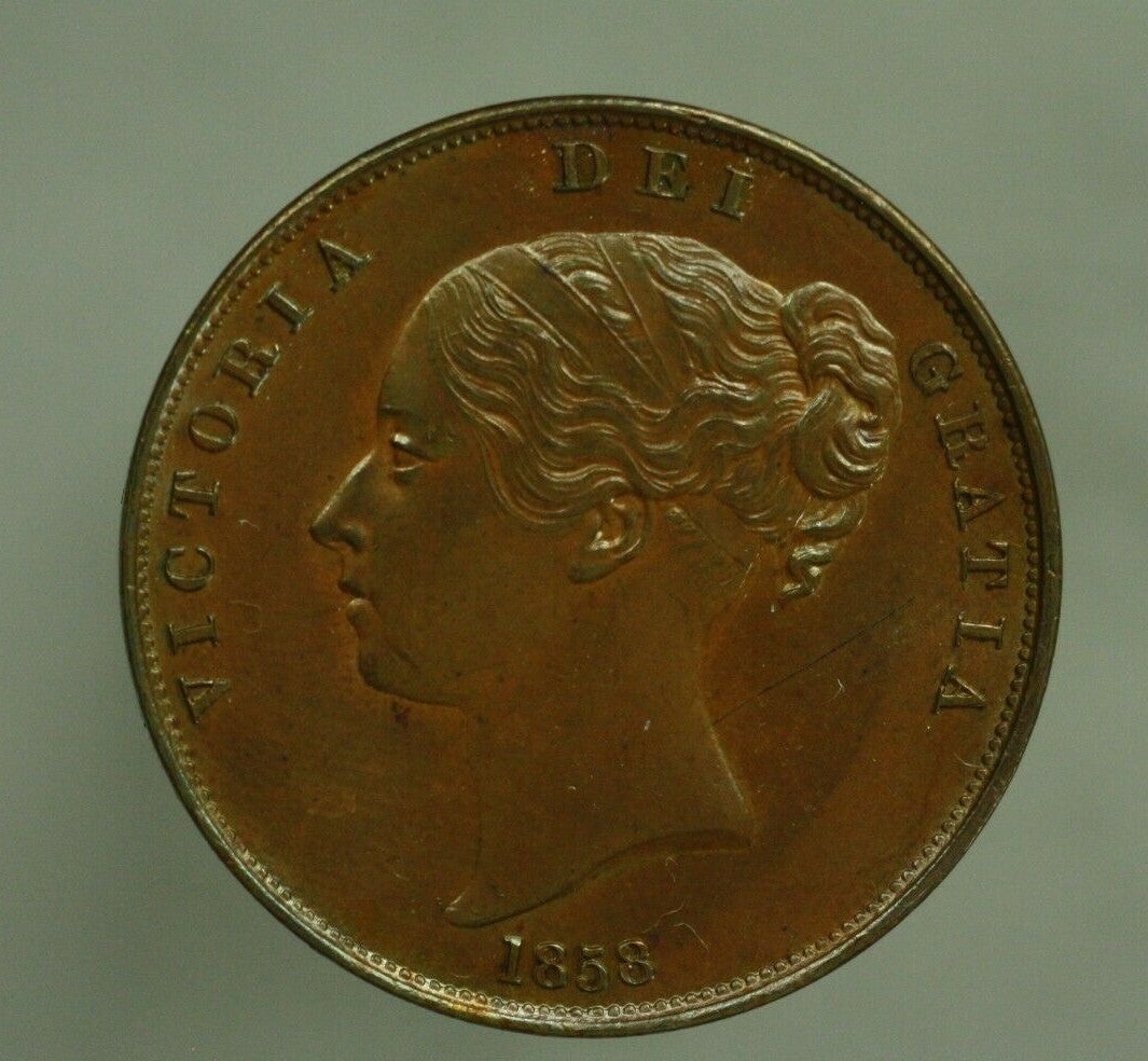 Great Britain 1858 Double Date 1 Penny (Old Faint Pin Scratch on Obverse)  A331