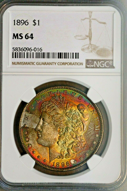1896 Morgan Dollar NGC MS64 Amazing Fluorescent Rainbow Toning