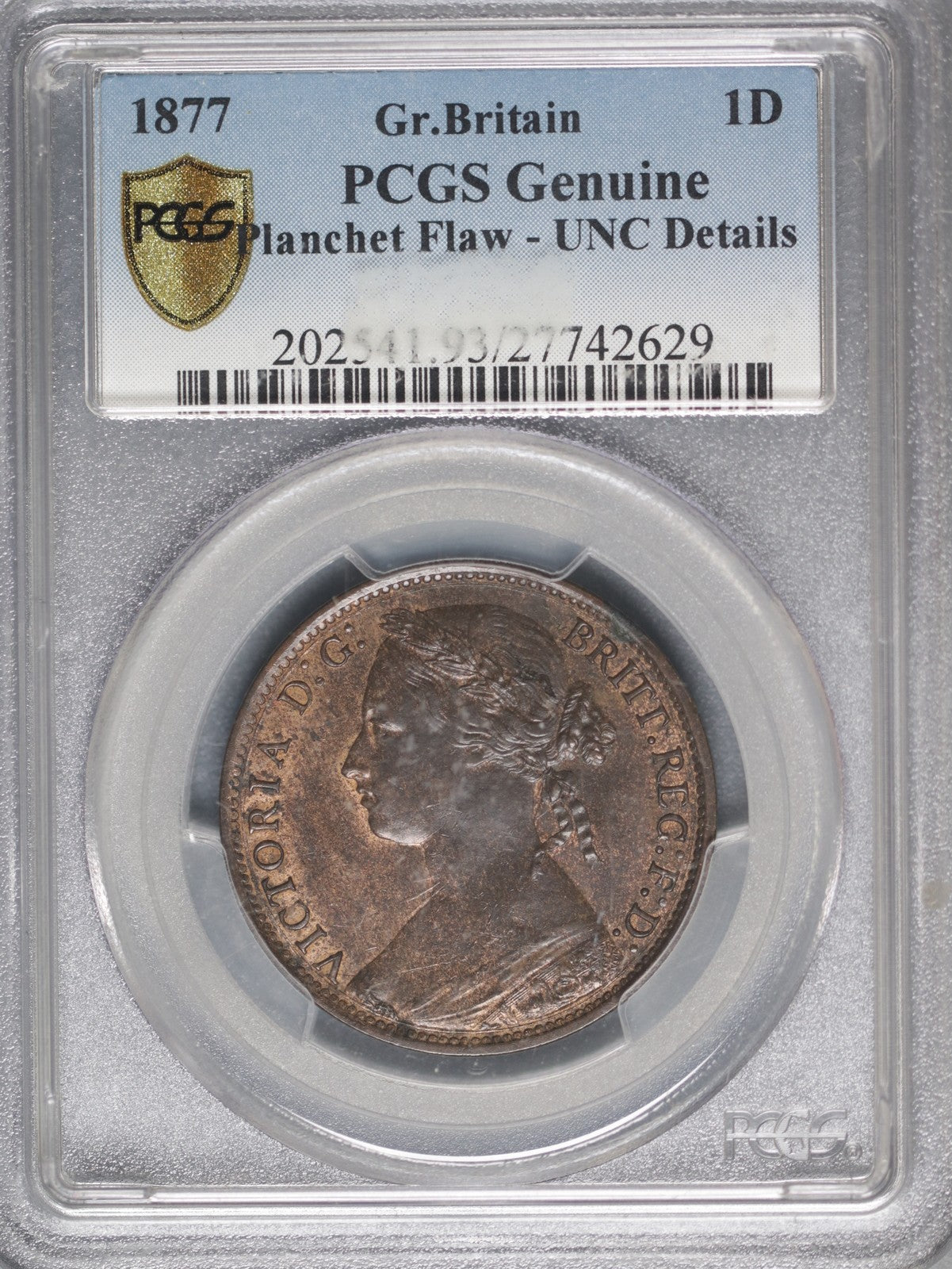 Great Britain 1877 Penny K-755 PCGS UNC Details Planchet Flaw