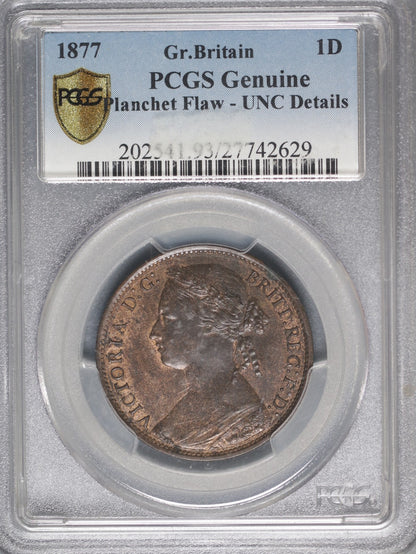 Great Britain 1877 Penny K-755 PCGS UNC Details Planchet Flaw
