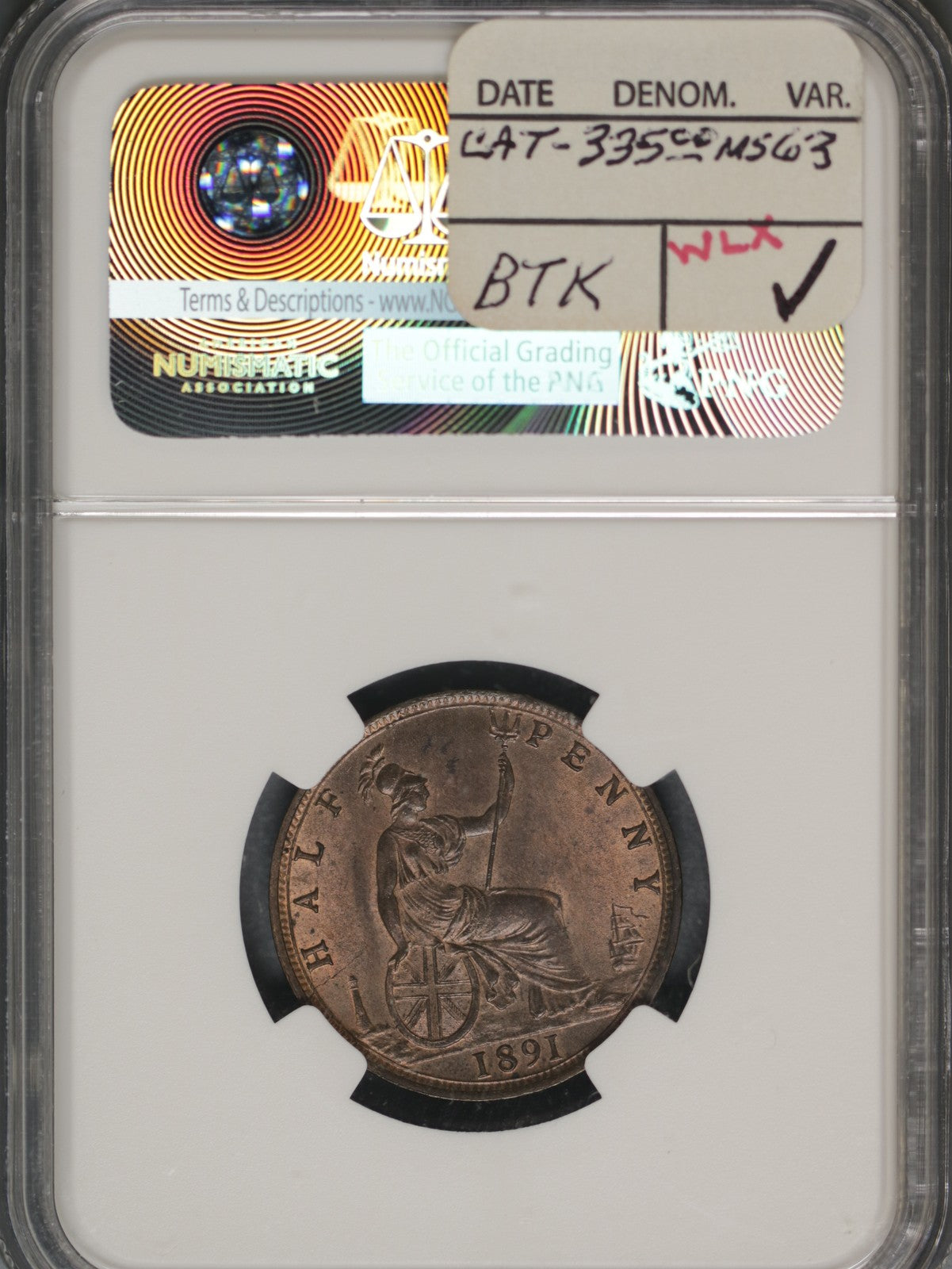 Great Britain 1891 1/2 Penny K-754 NGC MS63 BN