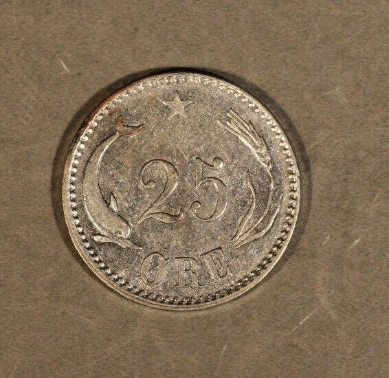1874 CS Denmark 25 Ore Silver Lite Circulation Nice   