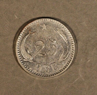 1874 CS Denmark 25 Ore Silver Lite Circulation Nice   