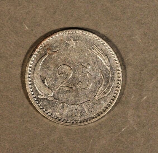 1874 CS Denmark 25 Ore Silver Lite Circulation Nice   