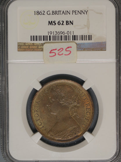 Great Britain 1862 Penny K-749.2 NGC MS62 BN