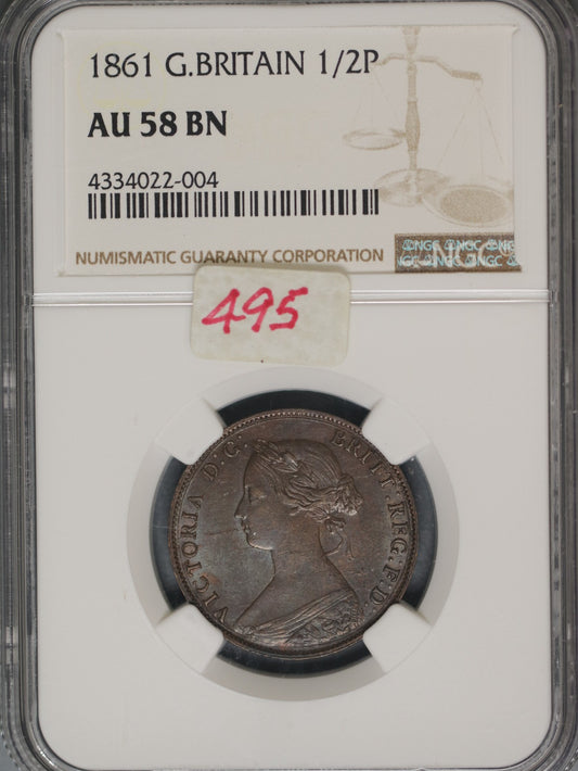 Great Britain 1861 1/2 Penny K-748.2 NGC AU58 BN