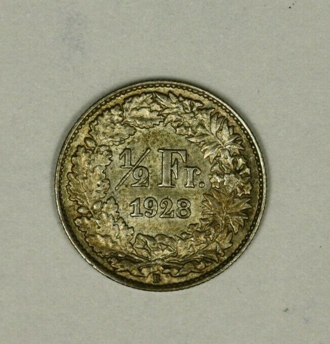 Switzerland   Silver 1/2 Franc 1928 Light Toned  UNC  A1050