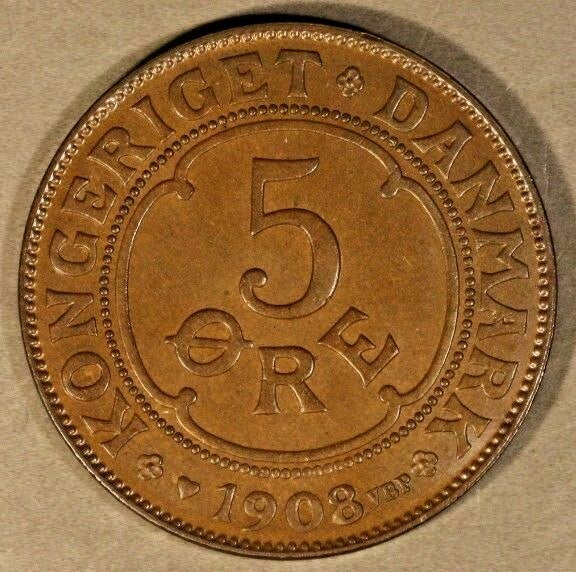 1908 Denmark 5 Ore Choice High Grade Brown     