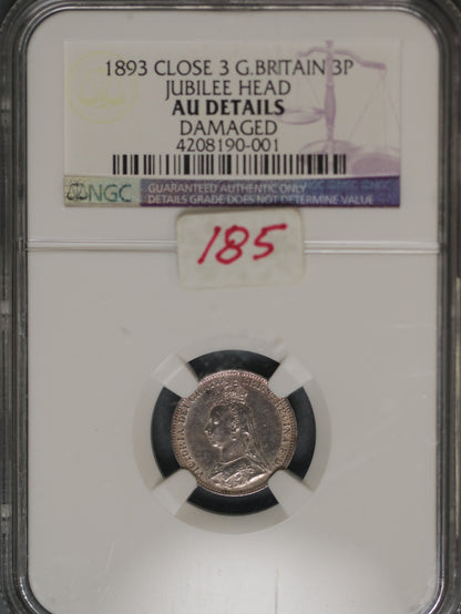 Great Britain 1893 3 Pence K-758 NGC AU Details Damaged CLOSE 3