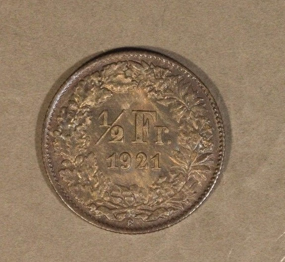 1921 Switzerland 1/2 Franc Silver Great Toning Hi Grade 