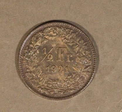1921 Switzerland 1/2 Franc Silver Great Toning Hi Grade 