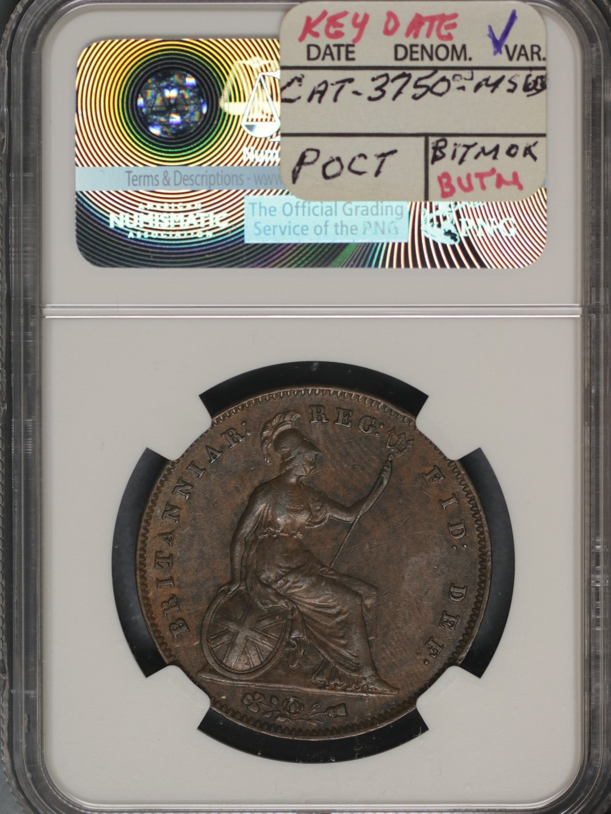 Great Britain 1856 Penny K-739 NGC AU 50 BN PLAIN TRIDENT VERY RARE