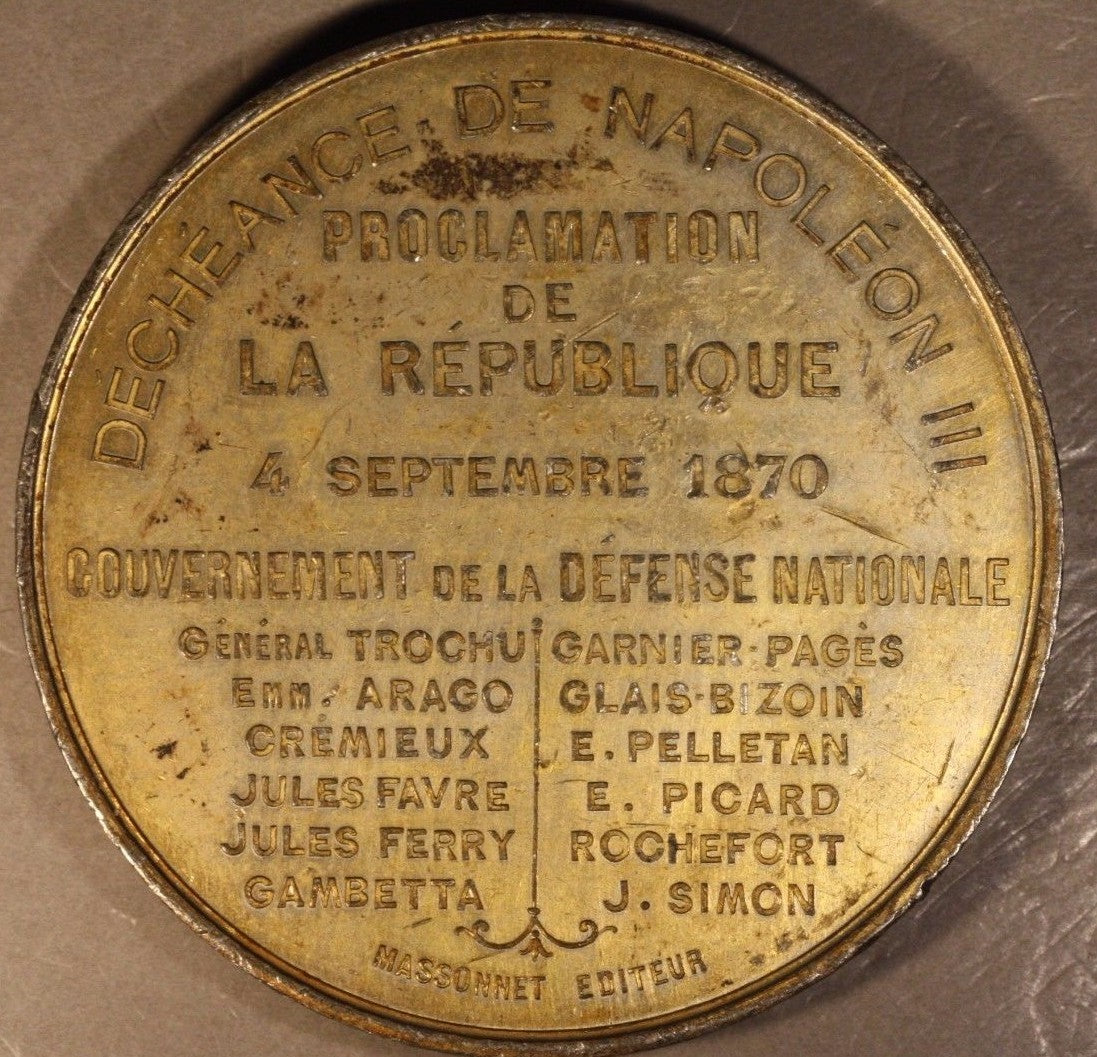 1870 France Proclamation of the Third Republic Medallion 