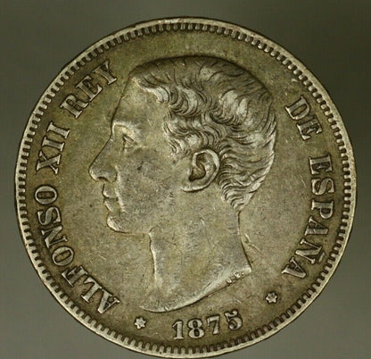 Spain  Silver 5 Pesetas 18975 (75)  dirty XF  Alfonso XII       A1121
