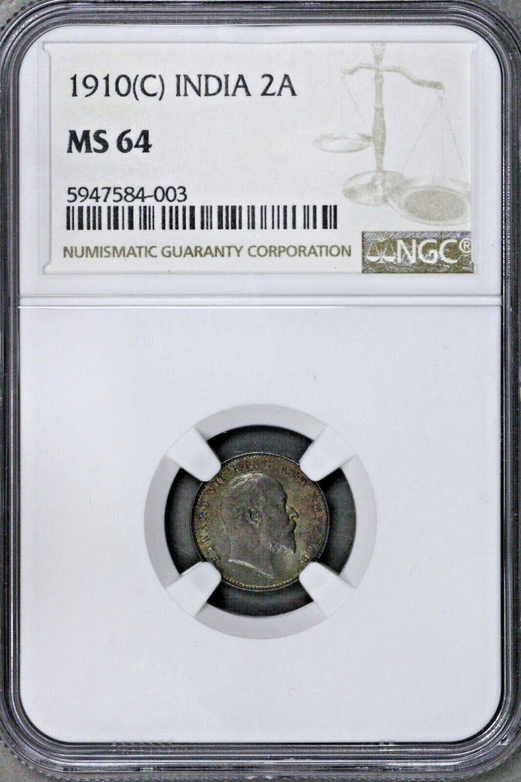 India 1910 C 2 Annas NGC MS 64  S699