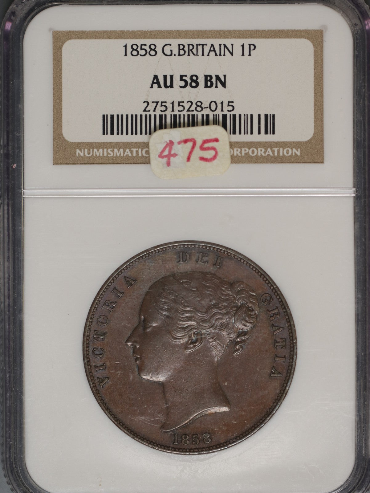 Great Britain 1858 Penny K-739 NGC AU58 BN LARGE DATE W/O WW