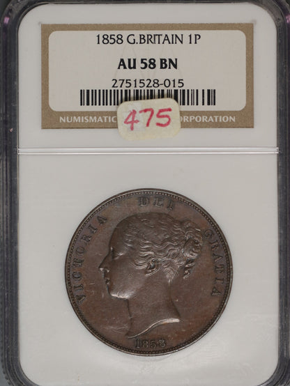 Great Britain 1858 Penny K-739 NGC AU58 BN LARGE DATE W/O WW