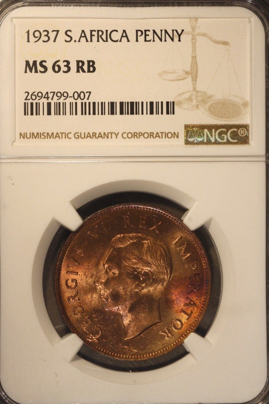 1937 South Africa Penny NGC MS 63 RB     