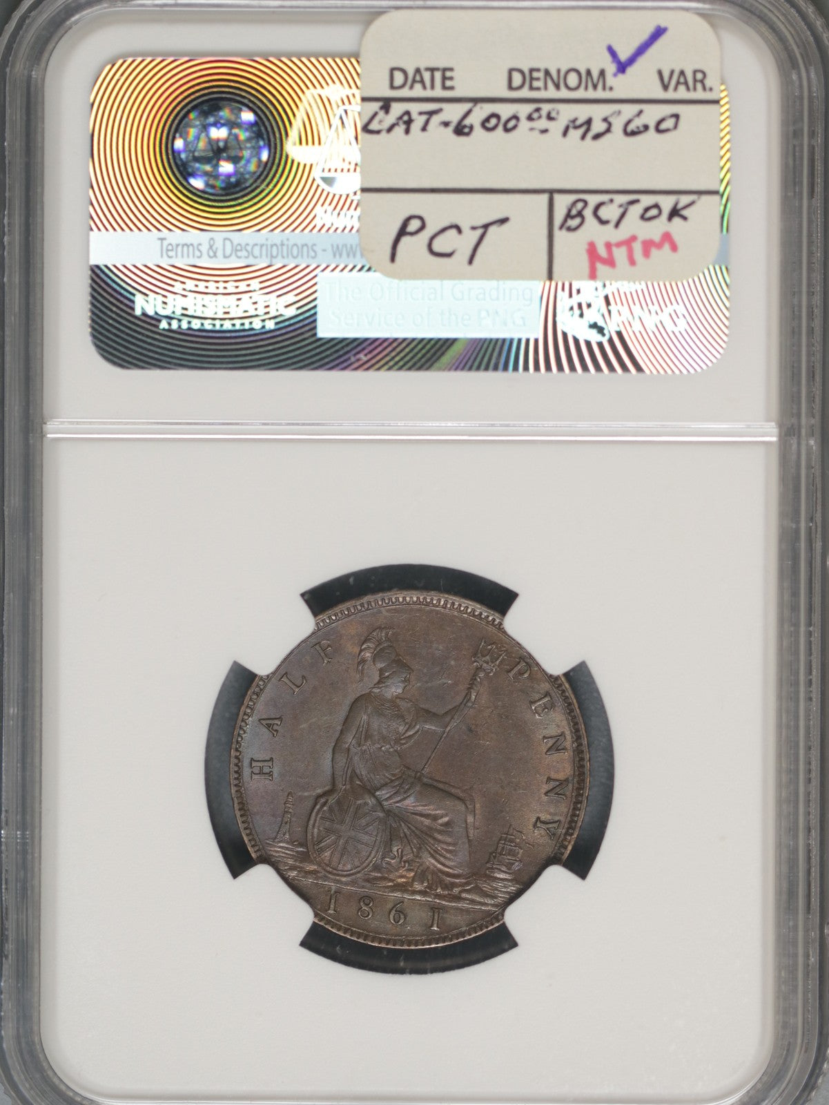 Great Britain 1861 1/2 Penny K-748.2 NGC AU58 BN