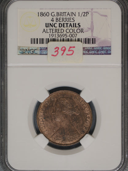 Great Britain 1860 1/2 Penny K-748.2 NGC UNC DETAILS Altered Color 4 Berries