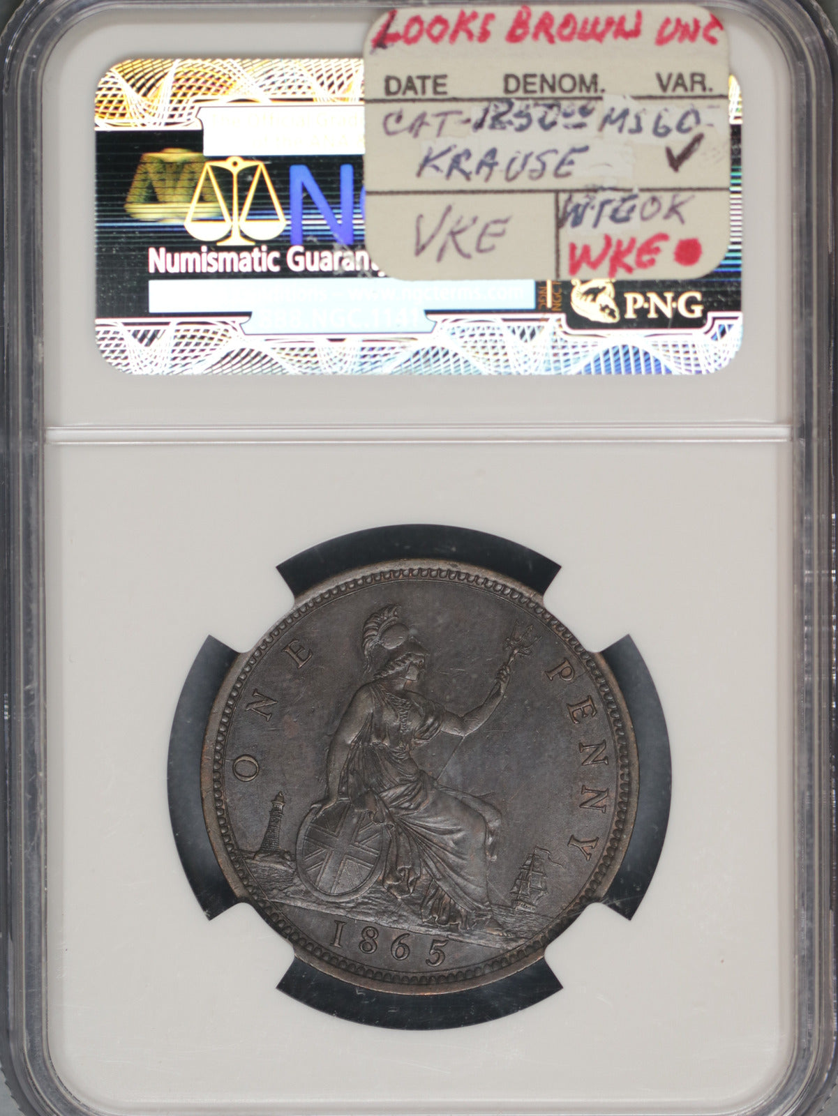 Great Britain 1865 Penny K-749.2 NGC AU55 BN