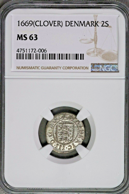 Denmark 1669 (Clover) 2 Skilling  NGC MS63  Top Pop 1/0
