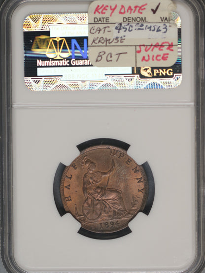 Great Britain 1894 1/2 Penny K-754 NGC MS64 RB