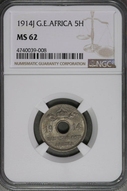 German East Africa 1914J 5 Heller   NGC MS62  Very Rare in UNC