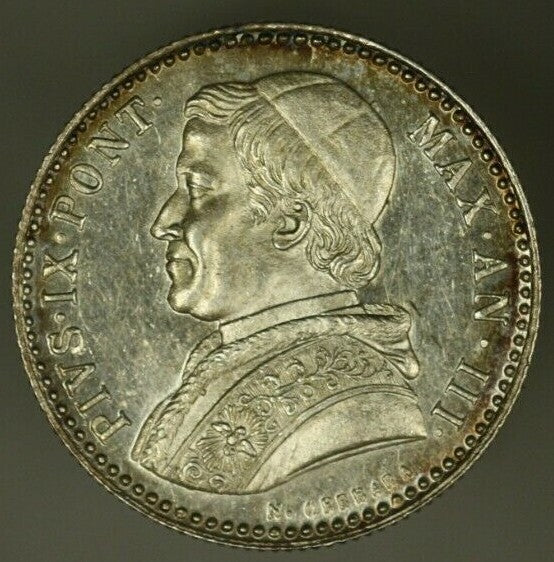 Papal States Silver 20 Baiocchi 1849-B  Pius IX - Anno III  Prooflike UNC  A2138