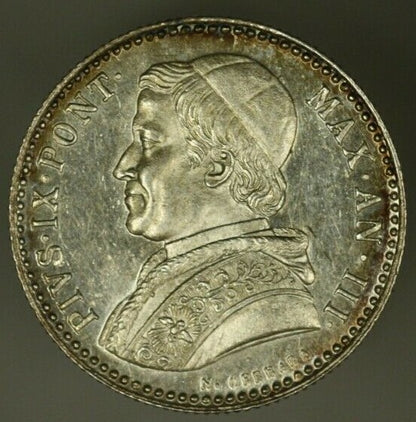 Papal States Silver 20 Baiocchi 1849-B  Pius IX - Anno III  Prooflike UNC  A2138
