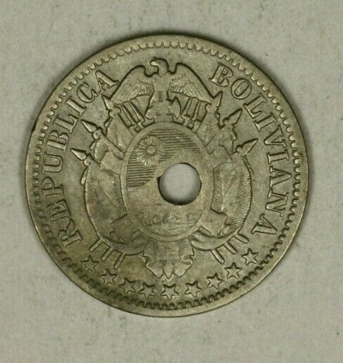 Bolivia 5 Cent 1883 Neat Error - Off-Center Hole A1681