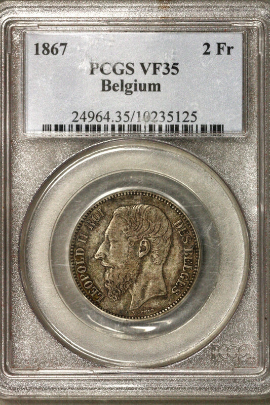 Belgium 1867 2 Franc  Belges  PCGS VF 35