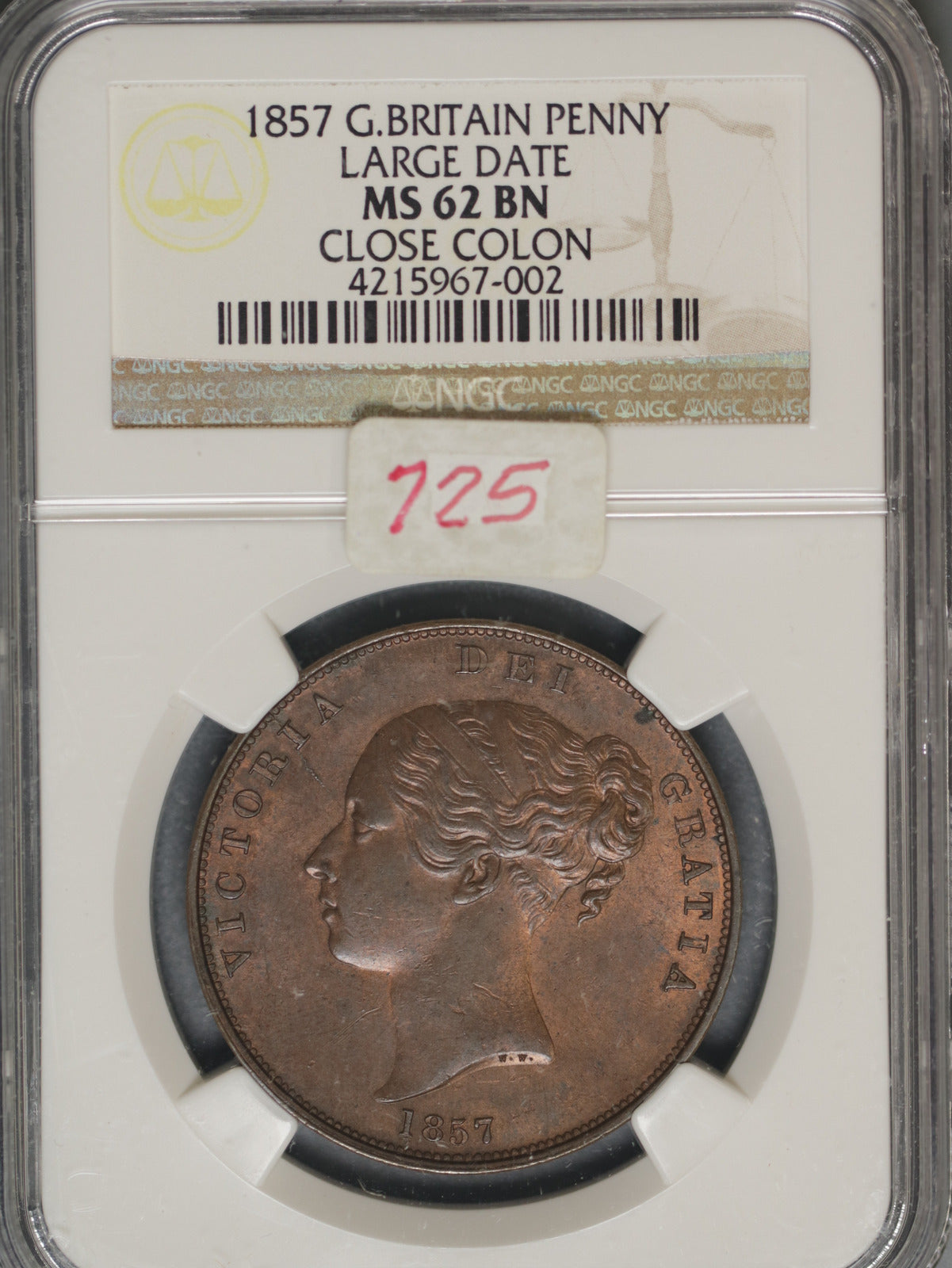 Great Britain 1857 Penny K-739 NGC MS62 BN CLOSE COLON