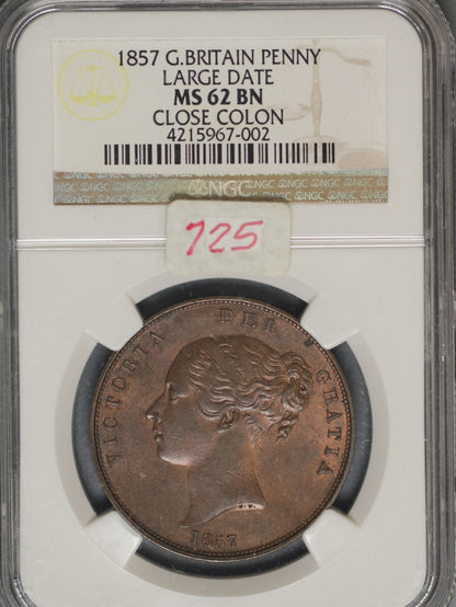 Great Britain 1857 Penny K-739 NGC MS62 BN CLOSE COLON