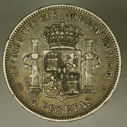 Spain  Silver 5 Pesetas 18975 (75)  dirty XF  Alfonso XII       A1121