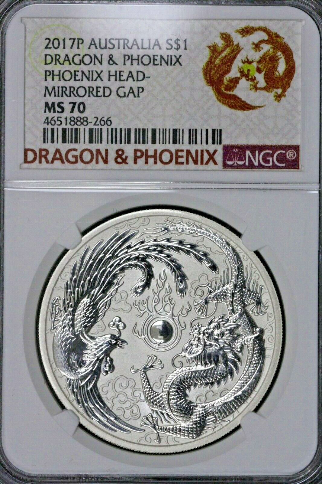 Australia 2017 P Silver Dragon & Phoenix Mirrored Gap Mint Error NGC MS70  S672