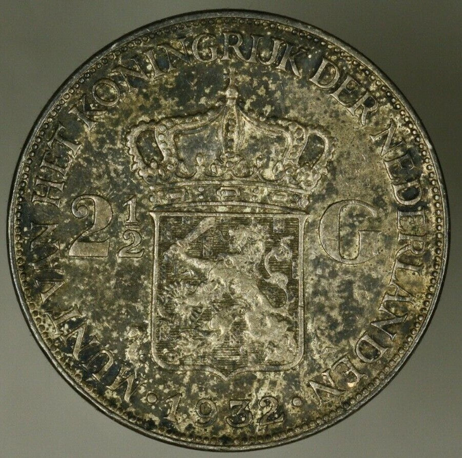 Netherlands Silver 2 1/2 Gulden 1932  deep hairlines  Toned AU/UNC   A2503