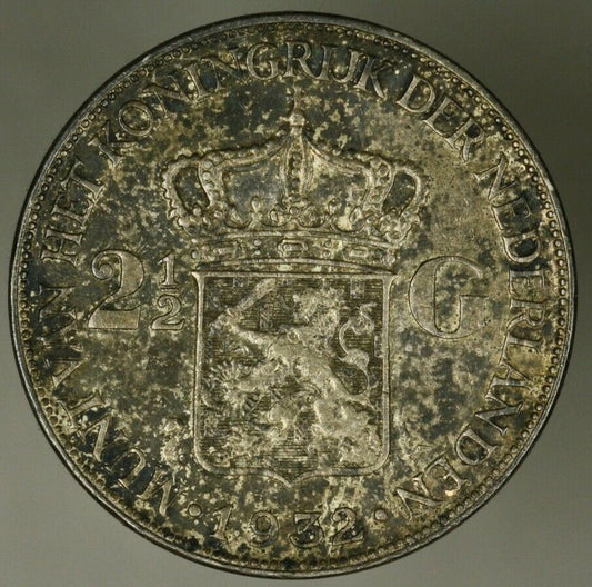 Netherlands Silver 2 1/2 Gulden 1932  deep hairlines  Toned AU/UNC   A2503