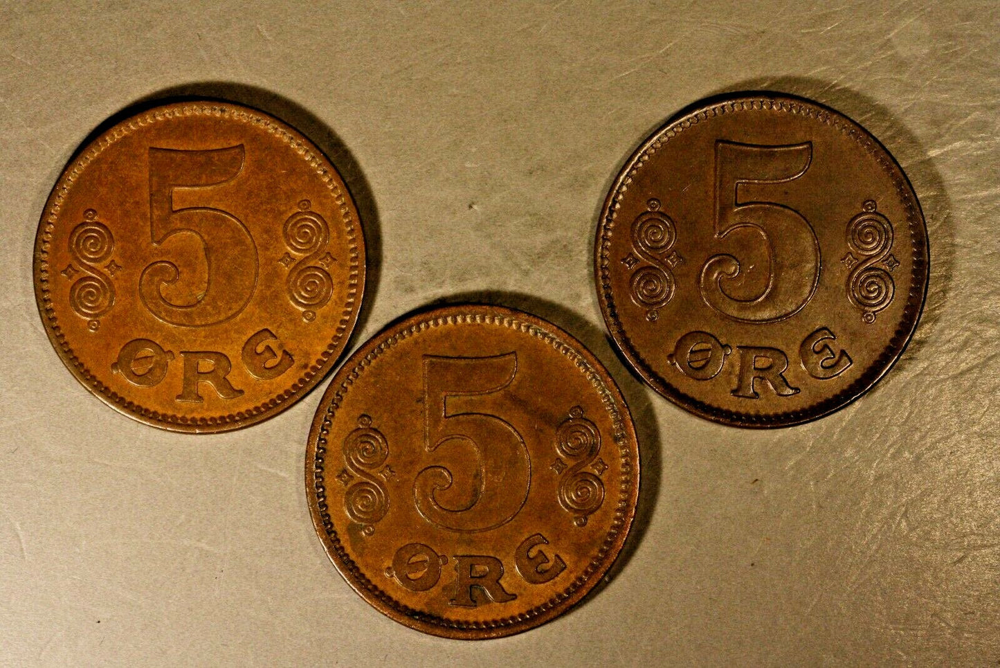 1916, 1920 & 1921 Denmark 5 Ore Lot of 3 coins Nice Circ