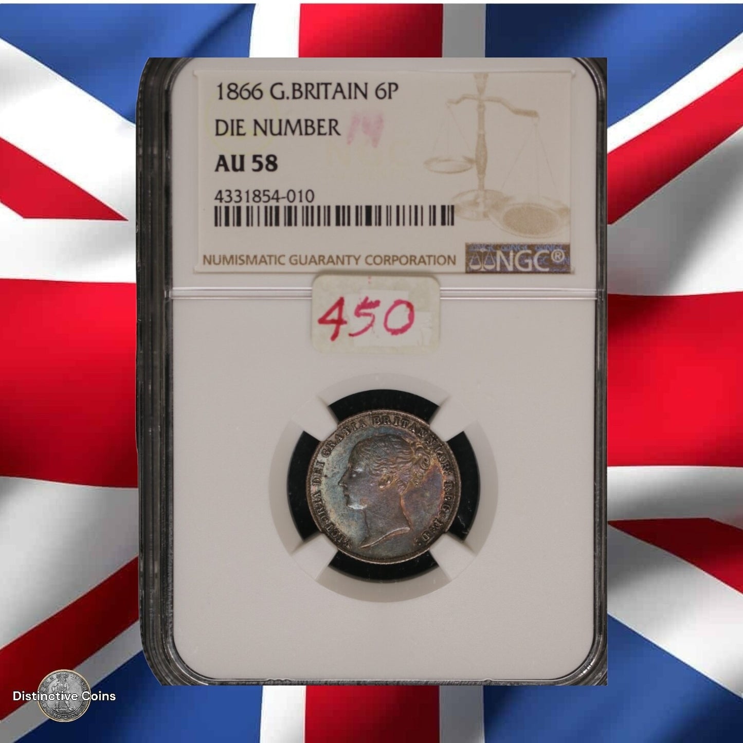 Great Britain 1866 6 Pence NGC AU58 Die Number