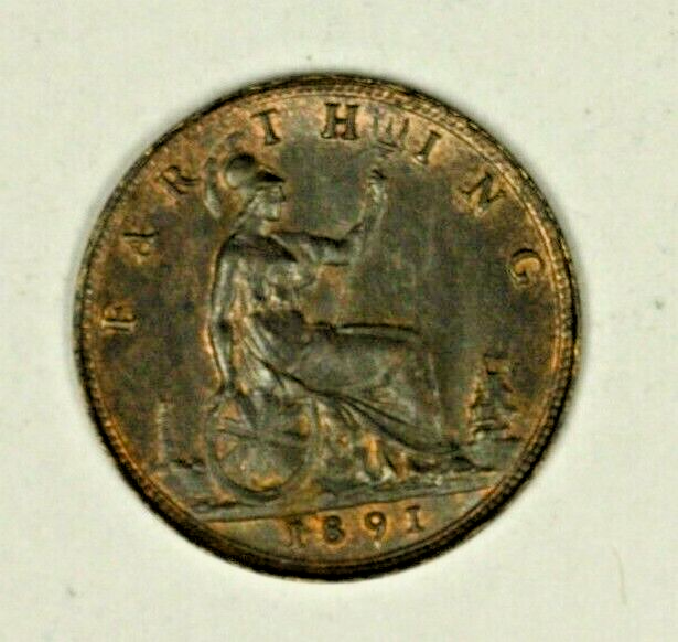 Great Britain Farthing 1891 Victoria  Some Red UNC    A1448