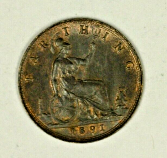 Great Britain Farthing 1891 Victoria  Some Red UNC    A1448