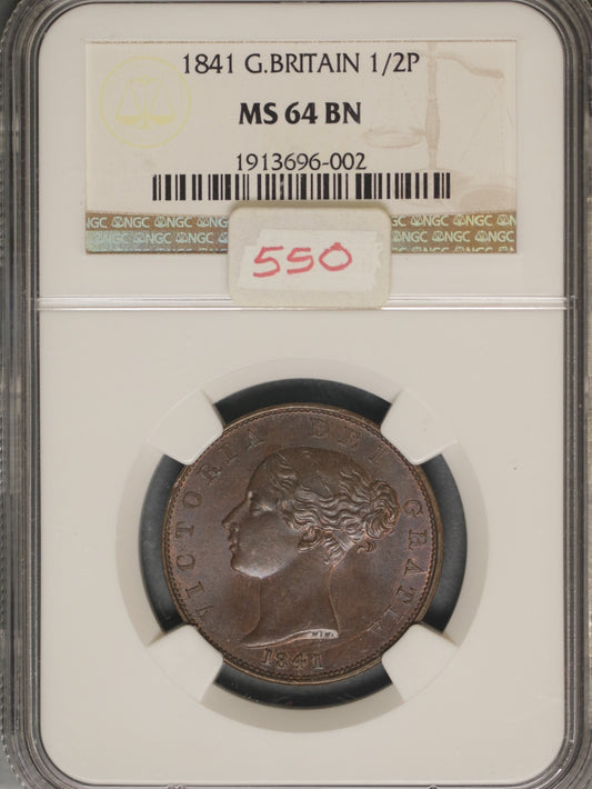 Great Britain 1841 1/2 Penny K-726 NGC MS64 BN