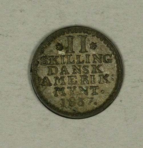 Danish West Indies Silver 2 Skilling 1837 Flat Top 3 AU laminated planchet A2169
