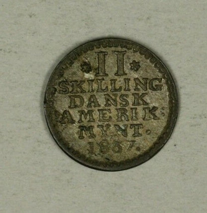 Danish West Indies Silver 2 Skilling 1837 Flat Top 3 AU laminated planchet A2169